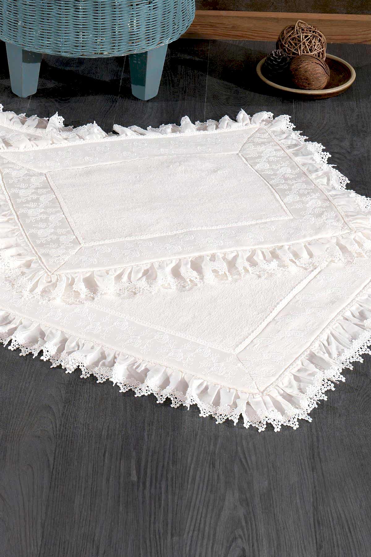 Alina Dantelli ve Nakışlı 2'li Paspas Set (60 x 100 cm) - Nazik Home - Yuvama Değer!