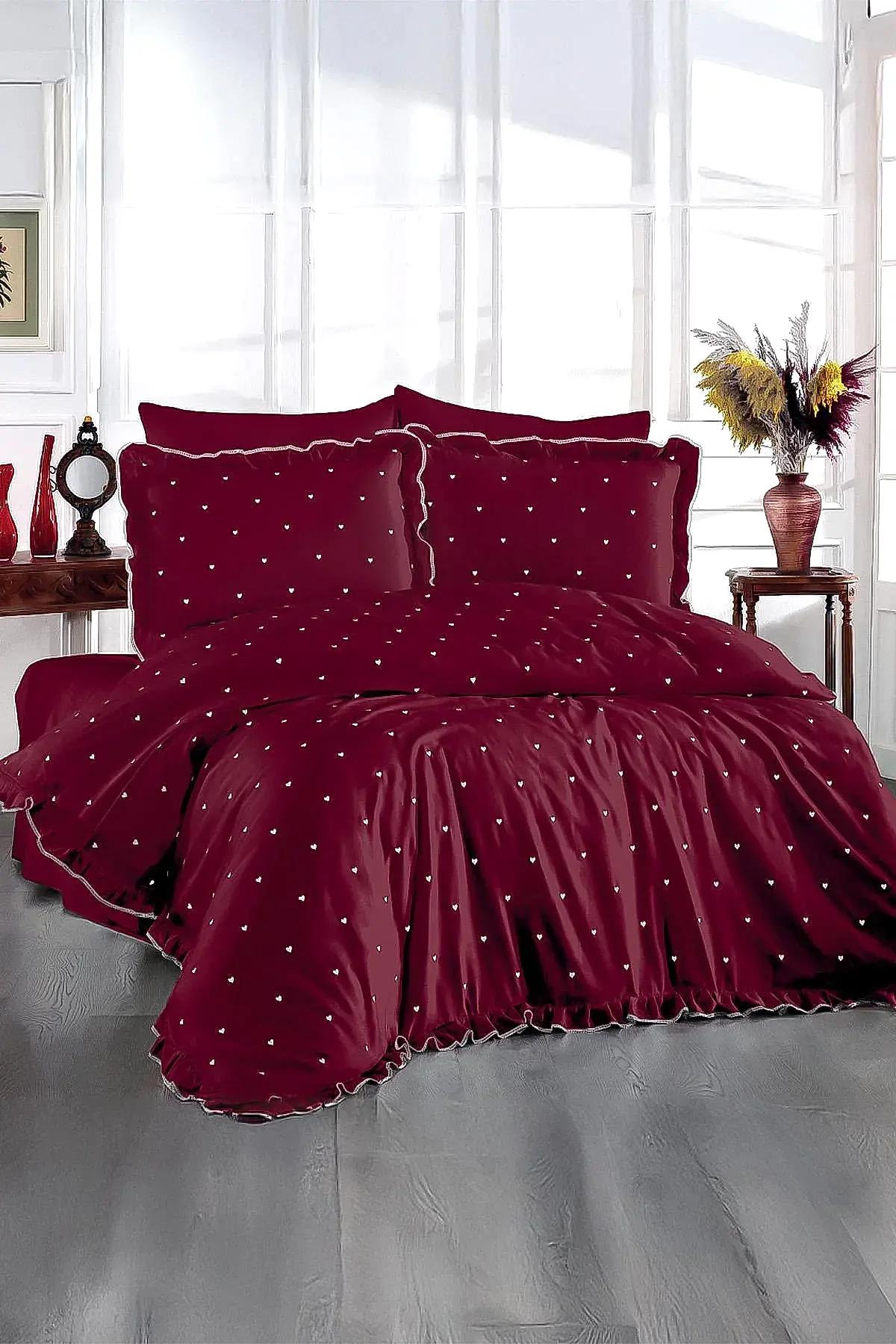 Amore Kalp Nakışlı Pamuk Saten King Size 6 Parça Nevresim Takımı - Nazik Home - Yuvama Değer!