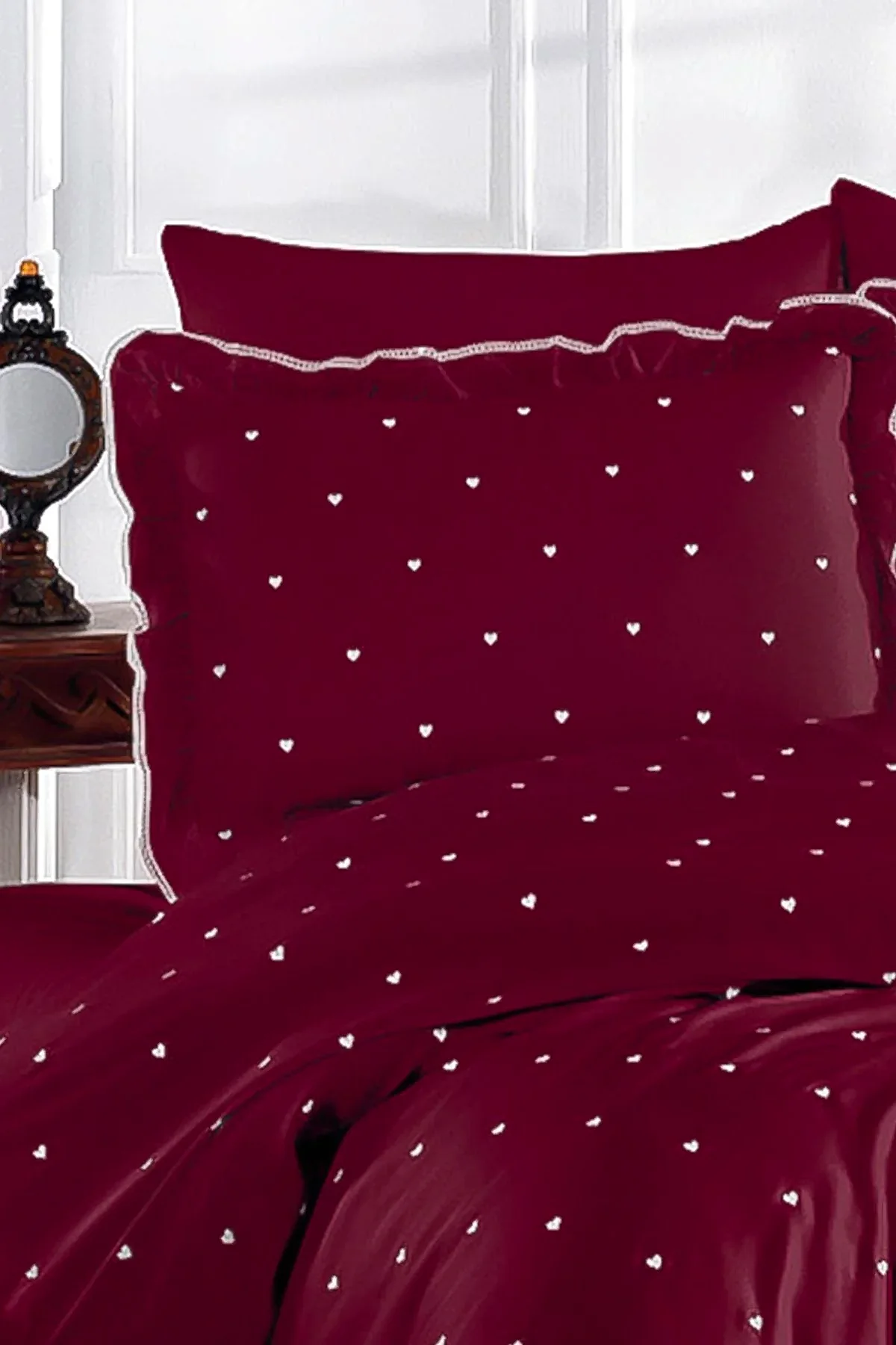 Amore Kalp Nakışlı Pamuk Saten King Size 6 Parça Nevresim Takımı - Nazik Home - Yuvama Değer!
