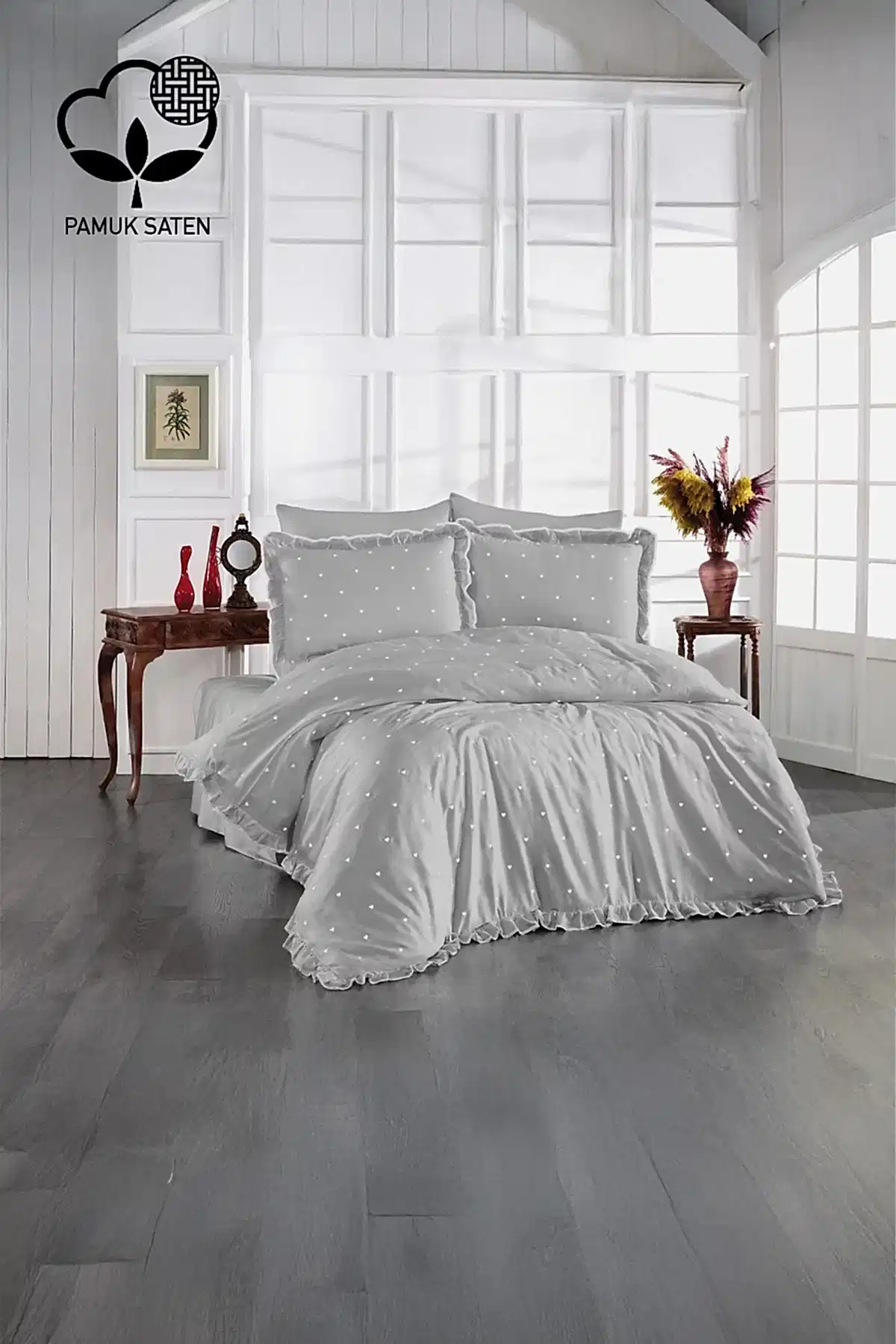 Amore Kalp Nakışlı Pamuk Saten King Size 6 Parça Nevresim Takımı - Nazik Home - Yuvama Değer!