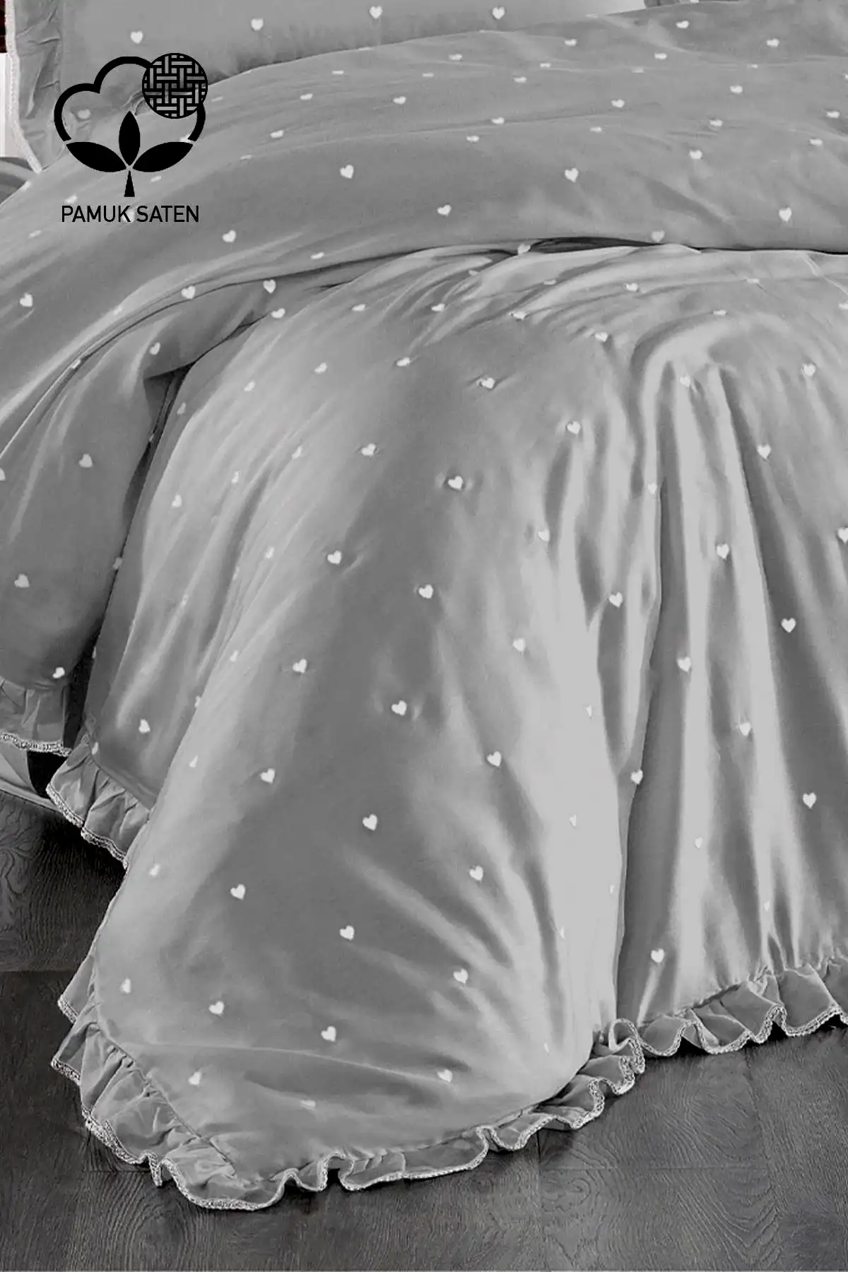 Amore Kalp Nakışlı Pamuk Saten King Size 6 Parça Nevresim Takımı - Nazik Home - Yuvama Değer!