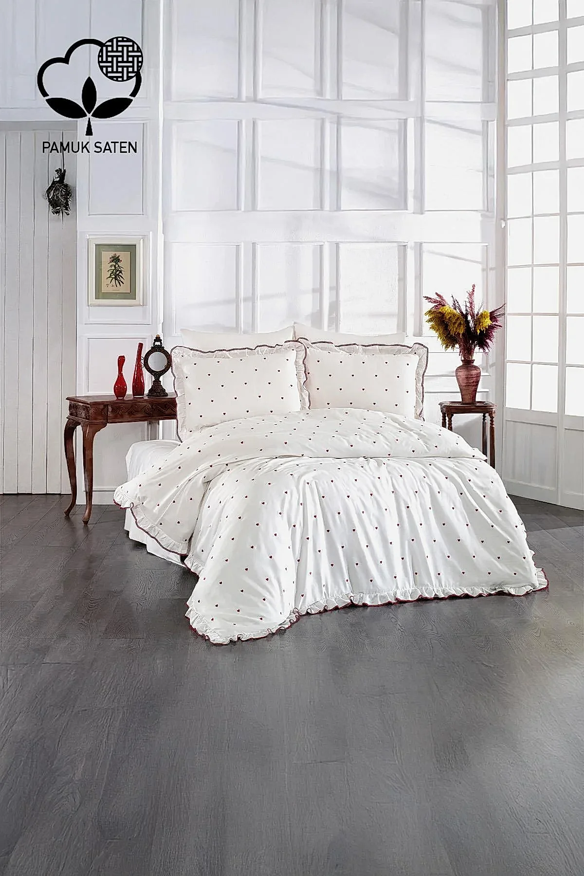 Amore Kalp Nakışlı Pamuk Saten King Size 6 Parça Nevresim Takımı - Nazik Home - Yuvama Değer!