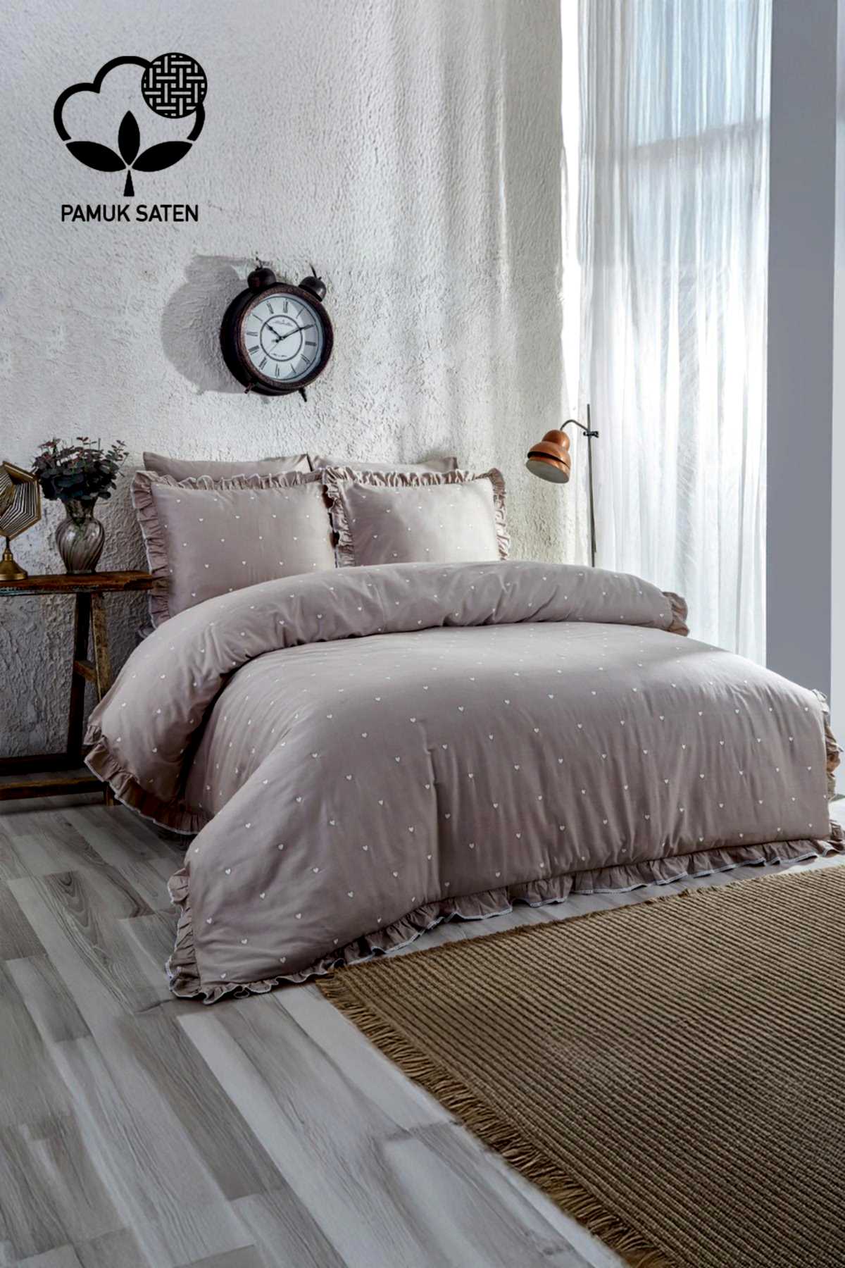 Amore Kalp Nakışlı Pamuk Saten King Size 6 Parça Nevresim Takımı - Nazik Home - Yuvama Değer!