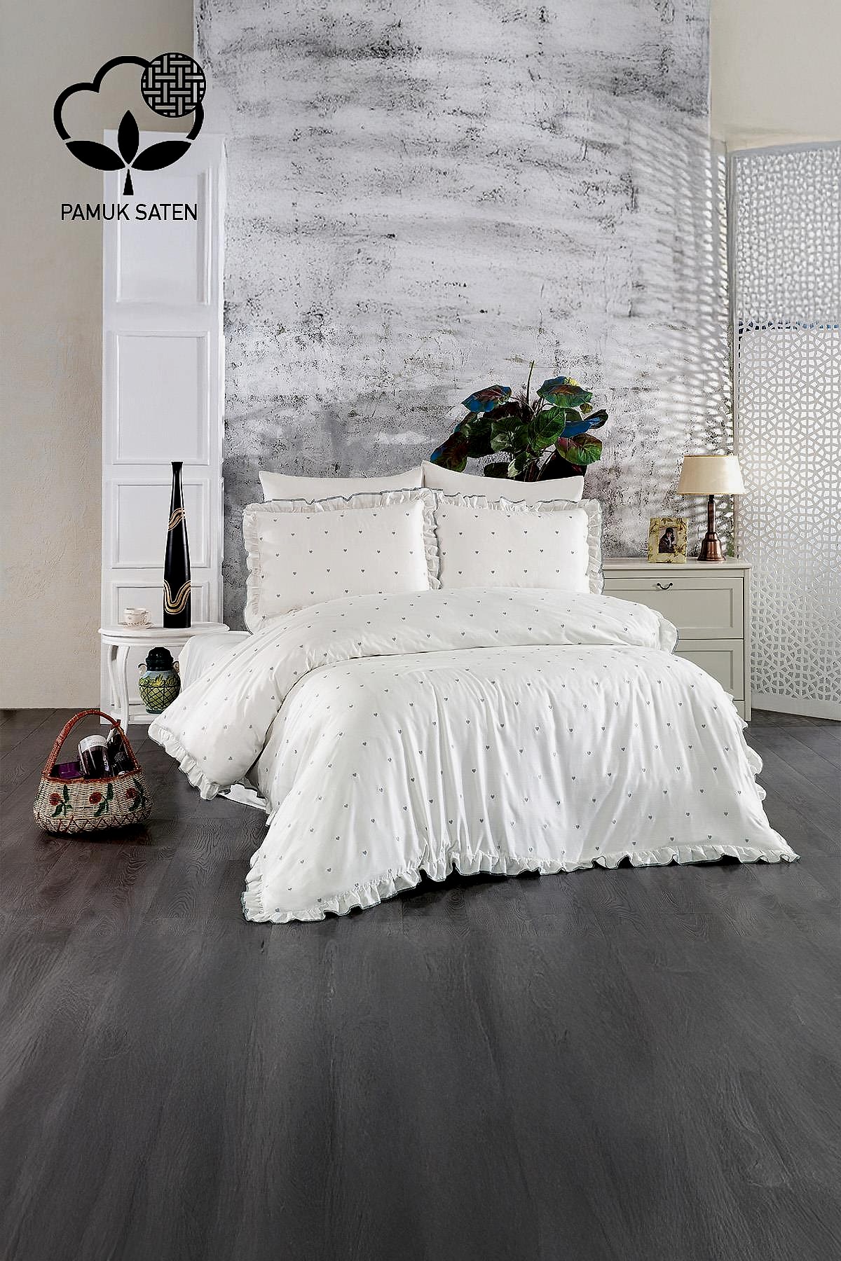 Amore Kalp Nakışlı Pamuk Saten King Size 6 Parça Nevresim Takımı - Nazik Home - Yuvama Değer!