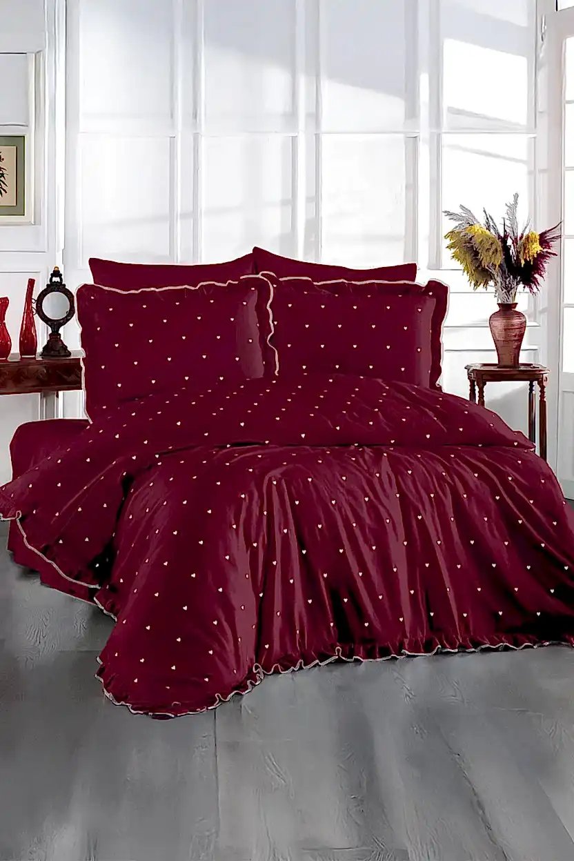 Amore Kalp Nakışlı Pamuk Saten Süper King Size 6 Parça Nevresim Takımı - Nazik Home - Yuvama Değer!