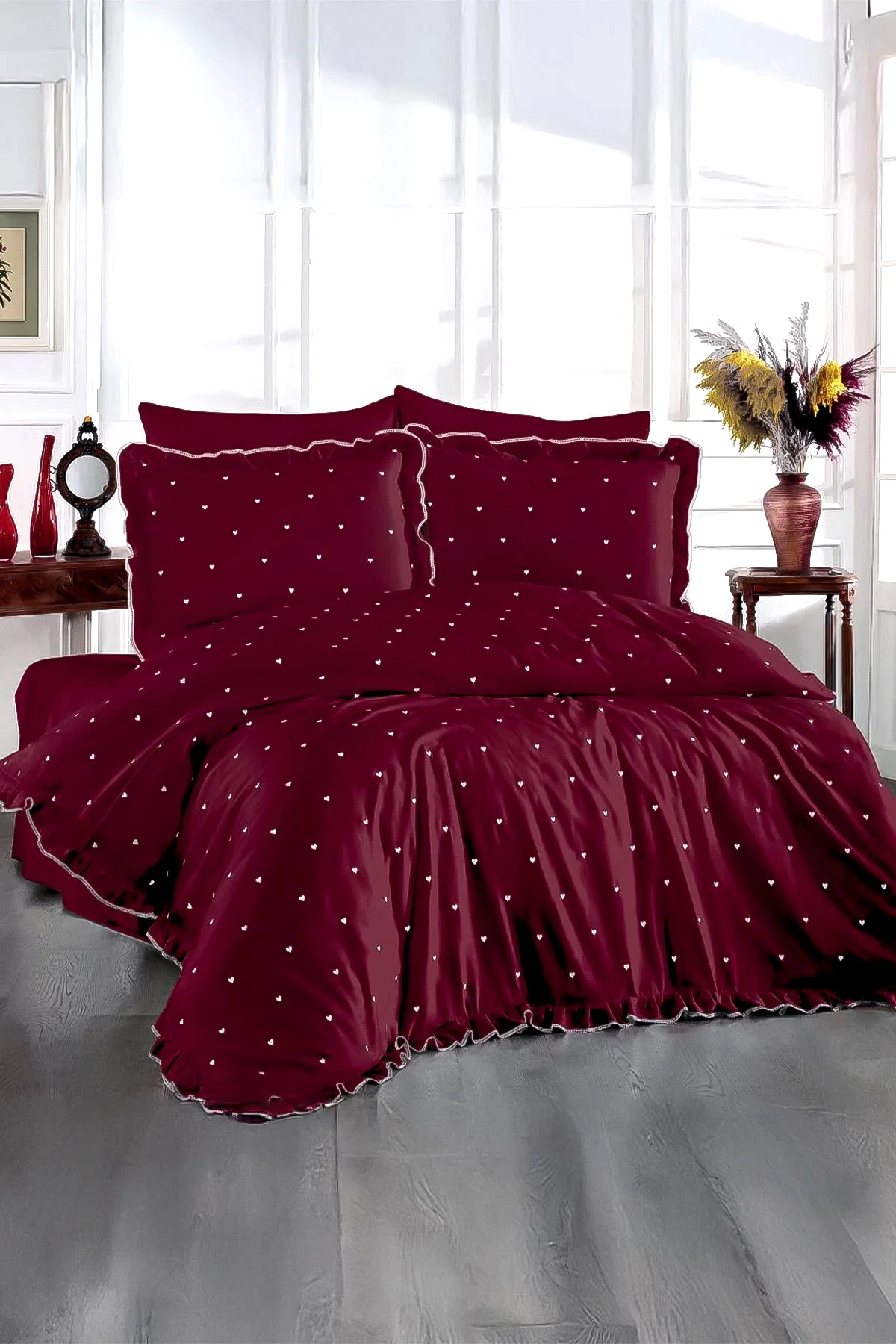 Amore Kalp Nakışlı Pamuk Saten Süper King Size 6 Parça Nevresim Takımı - Nazik Home - Yuvama Değer!