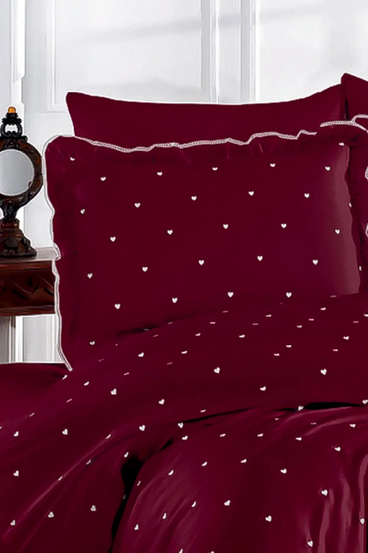 Amore Kalp Nakışlı Pamuk Saten Süper King Size 6 Parça Nevresim Takımı - Nazik Home - Yuvama Değer!