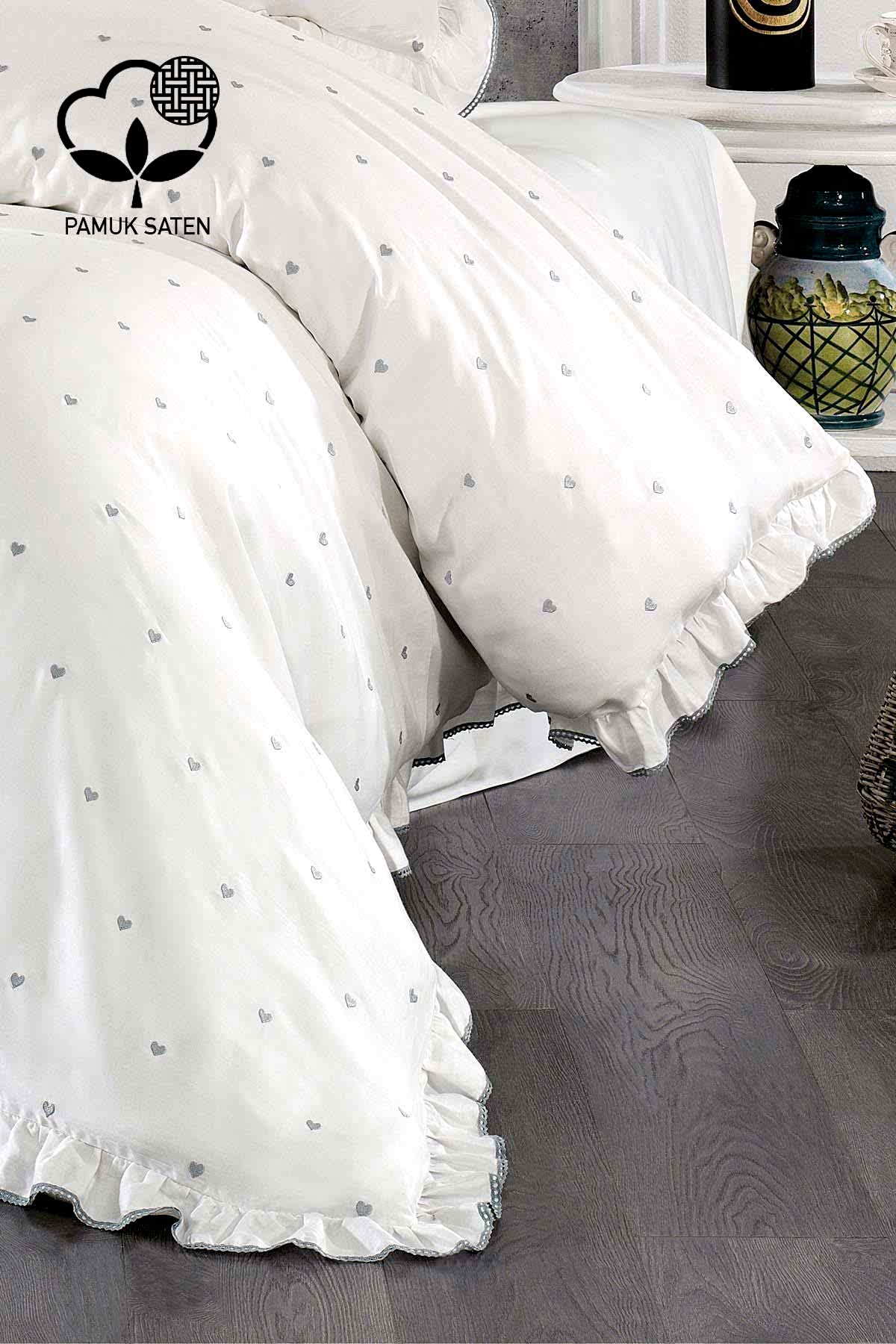 Amore Kalp Nakışlı Pamuk Saten Süper King Size 6 Parça Nevresim Takımı - Nazik Home - Yuvama Değer!