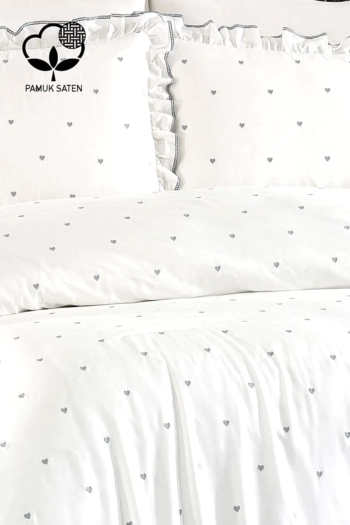 Amore Kalp Nakışlı Pamuk Saten Süper King Size 6 Parça Nevresim Takımı - Nazik Home - Yuvama Değer!