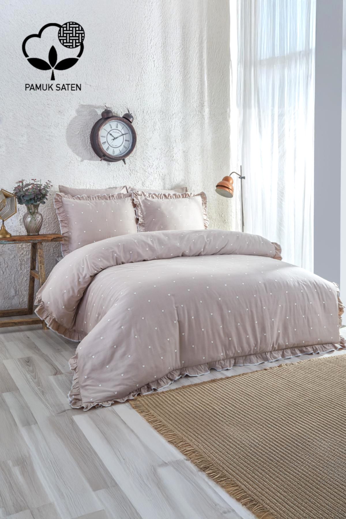 Amore Kalp Nakışlı Pamuk Saten Süper King Size 6 Parça Nevresim Takımı - Nazik Home - Yuvama Değer!