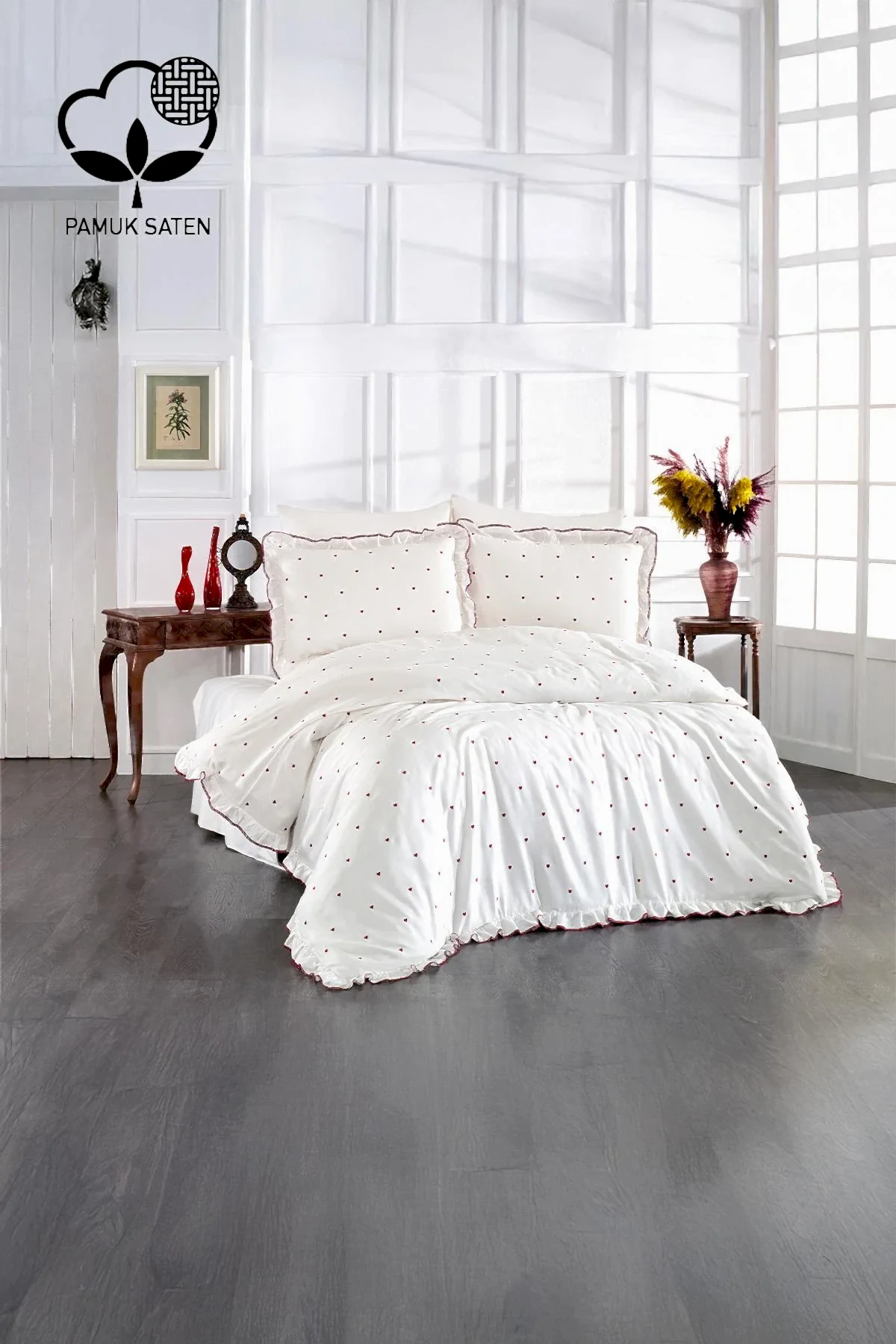 Amore Kalp Nakışlı Pamuk Saten Süper King Size 6 Parça Nevresim Takımı - Nazik Home - Yuvama Değer!