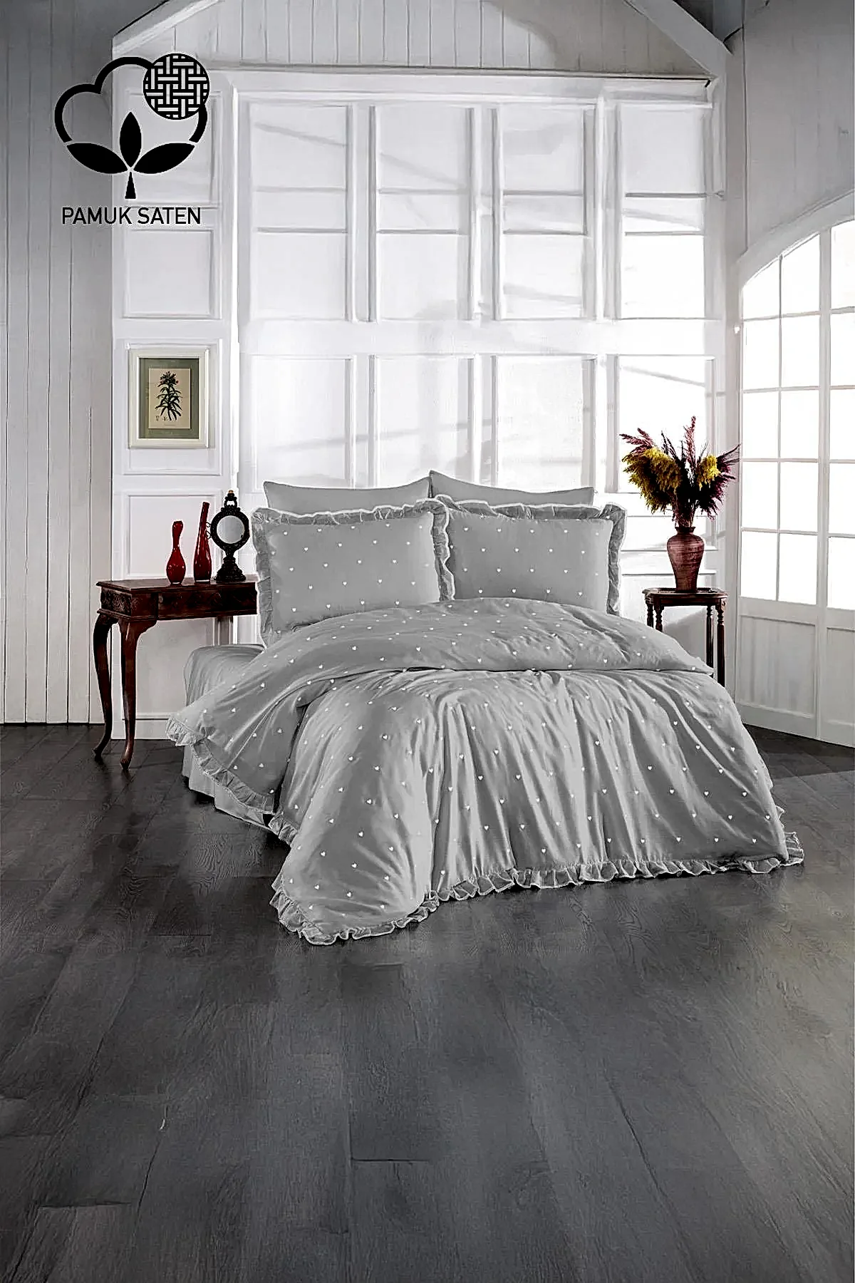 Amore Kalp Nakışlı Pamuk Saten Süper King Size 6 Parça Nevresim Takımı - Nazik Home - Yuvama Değer!