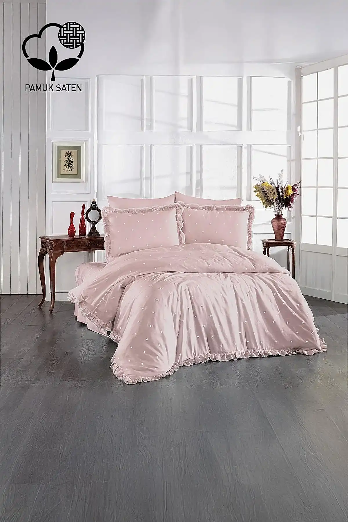 Amore Kalp Nakışlı Pamuk Saten Süper King Size 6 Parça Nevresim Takımı - Nazik Home - Yuvama Değer!