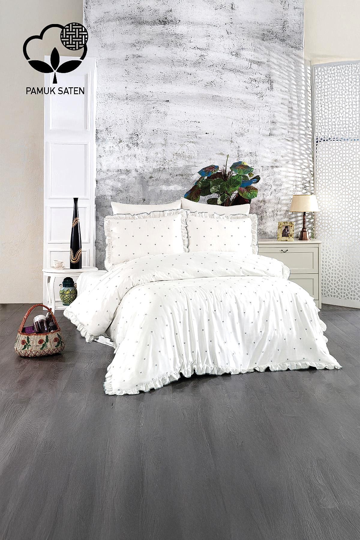 Amore Pamuk Saten Çift Kişilik Kalpli Nevresim Takımı - Nazik Home - Yuvama Değer!