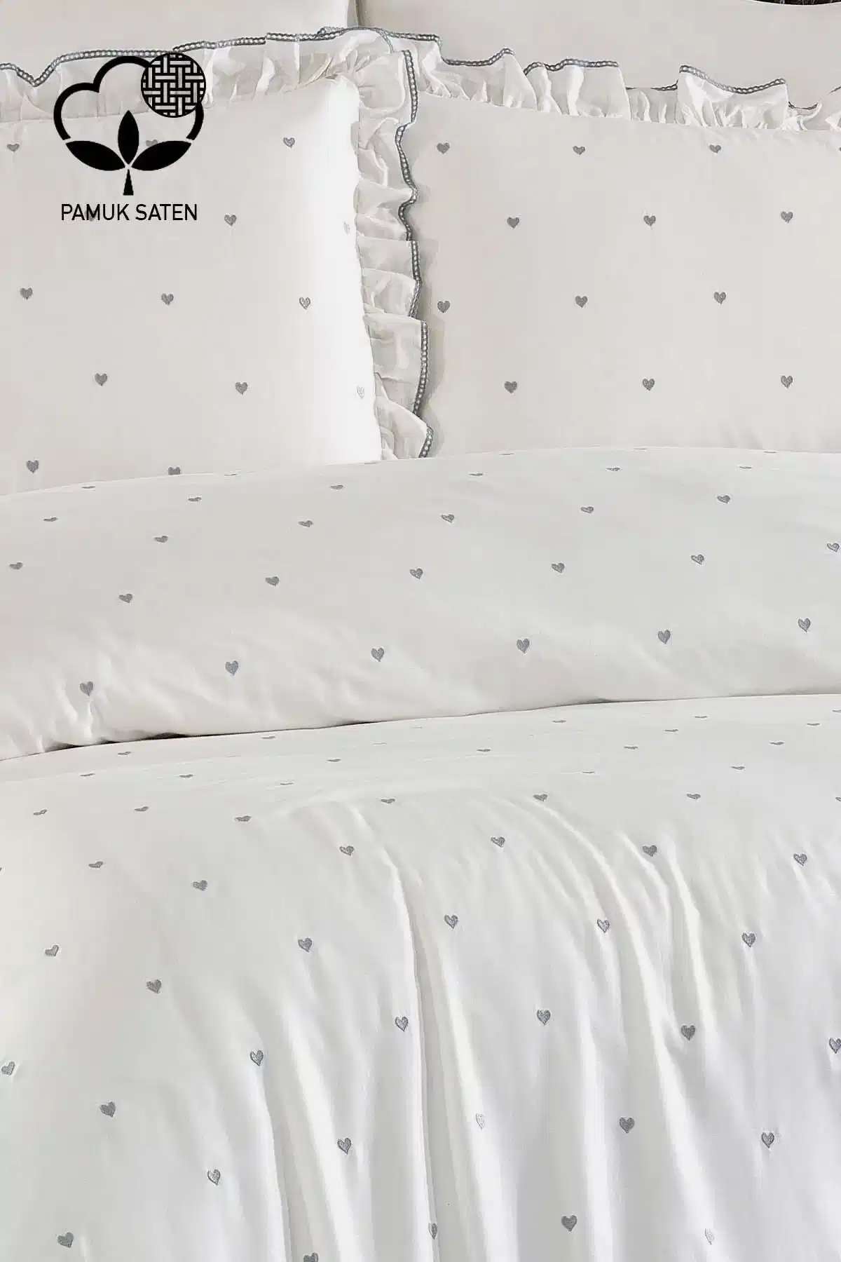 Amore Pamuk Saten Çift Kişilik Kalpli Nevresim Takımı - Nazik Home - Yuvama Değer!