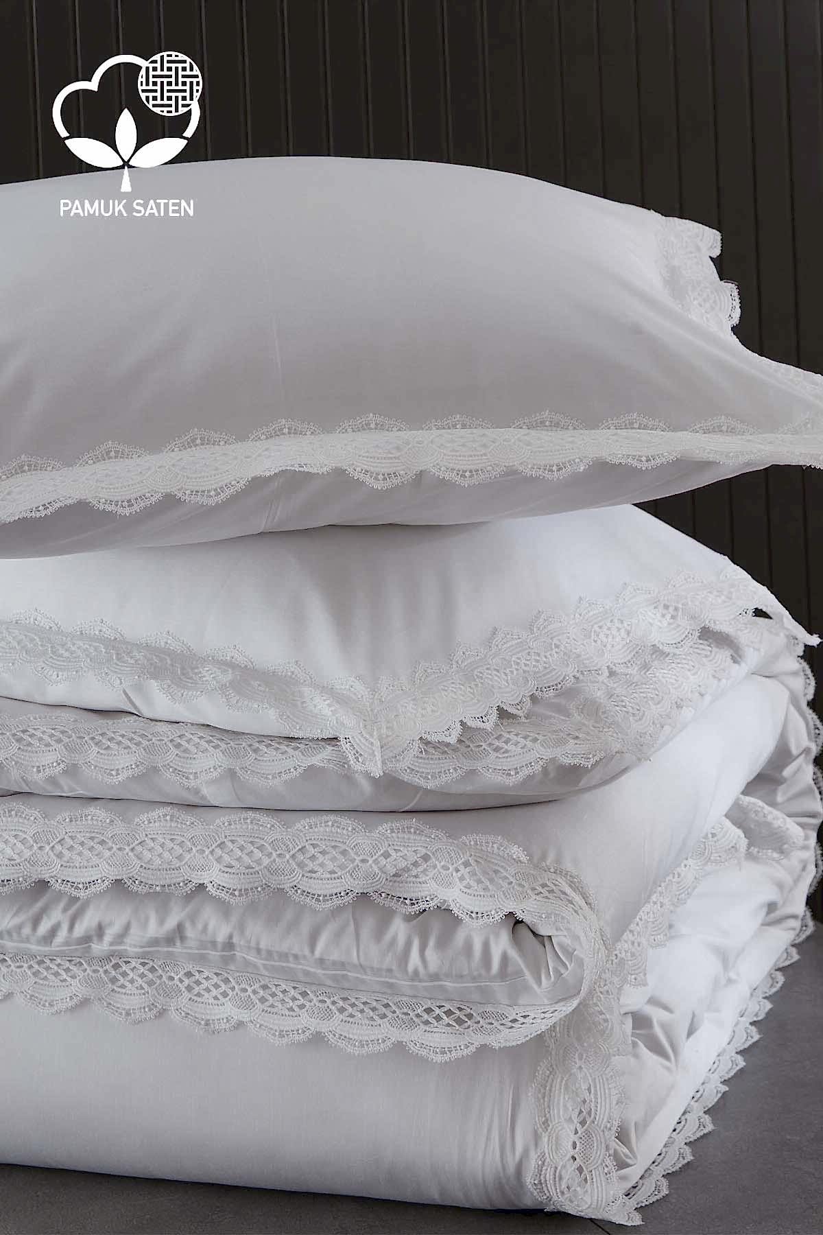 Asel 300 TC Dantelli Pamuk Saten Süper King Size 6 Parça Nevresim Takımı - Nazik Home - Yuvama Değer!