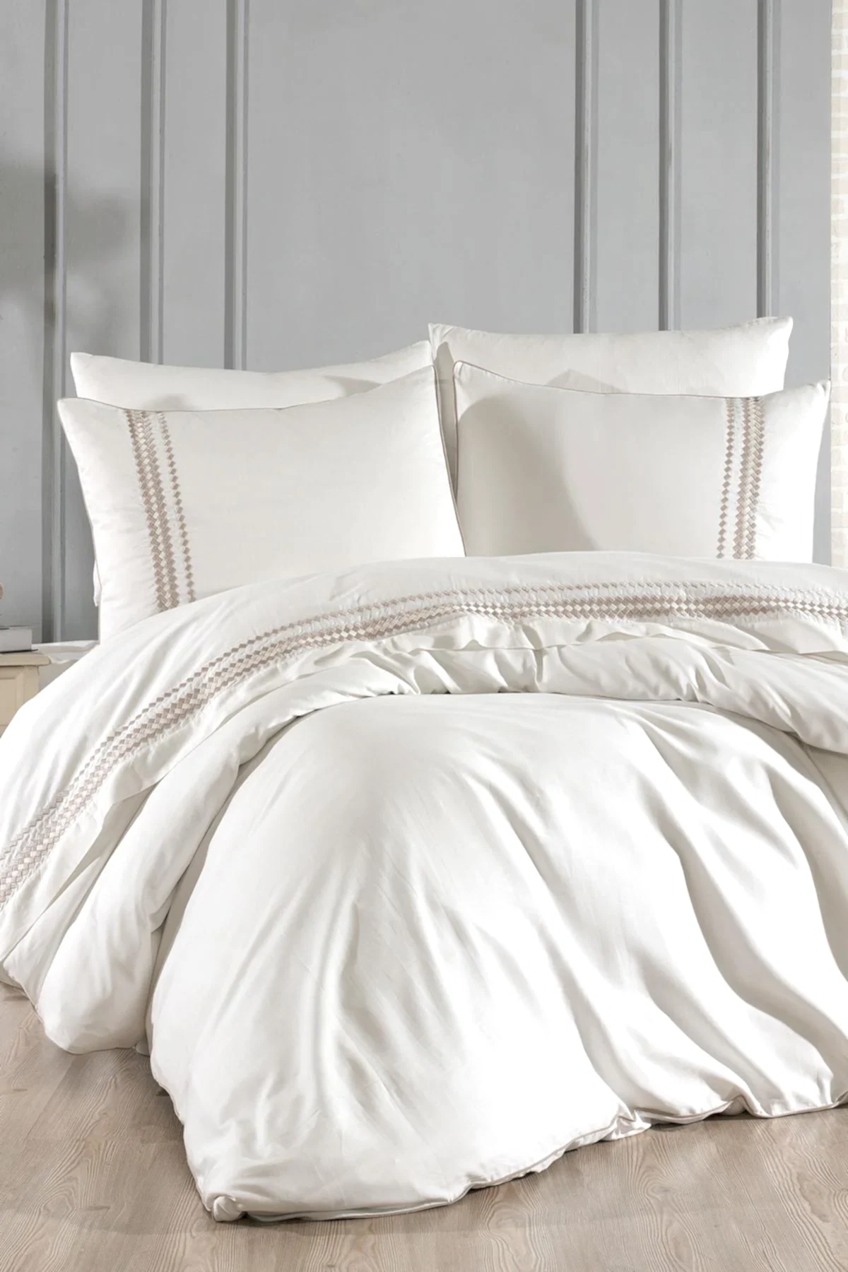 Benita Balıksırtı Nakışlı Pamuk Saten King Size 6 Parça Nevresim Takımı