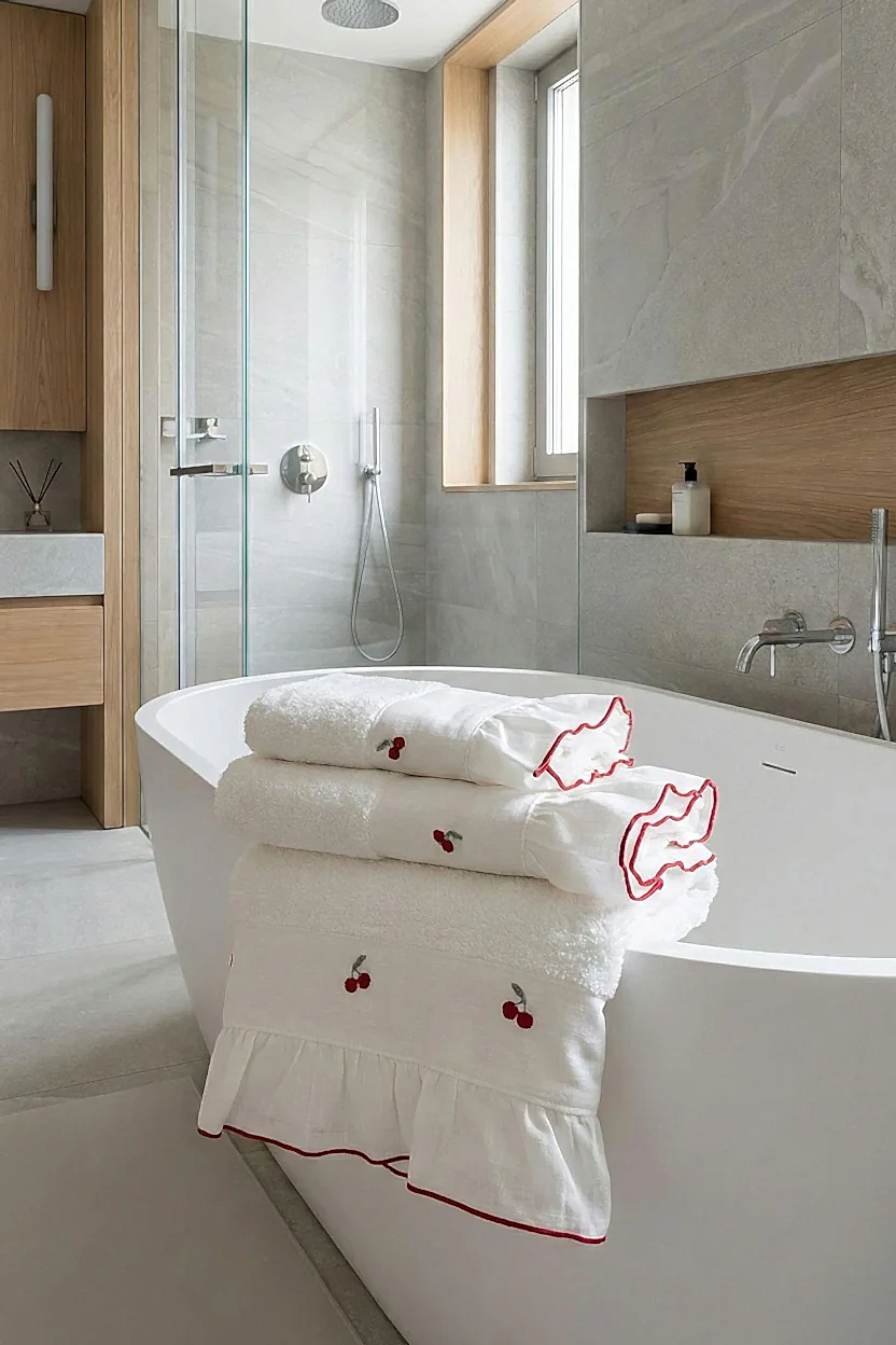 Cherry Kiraz Nakışlı Banyo Havlusu (90 x 150 cm)